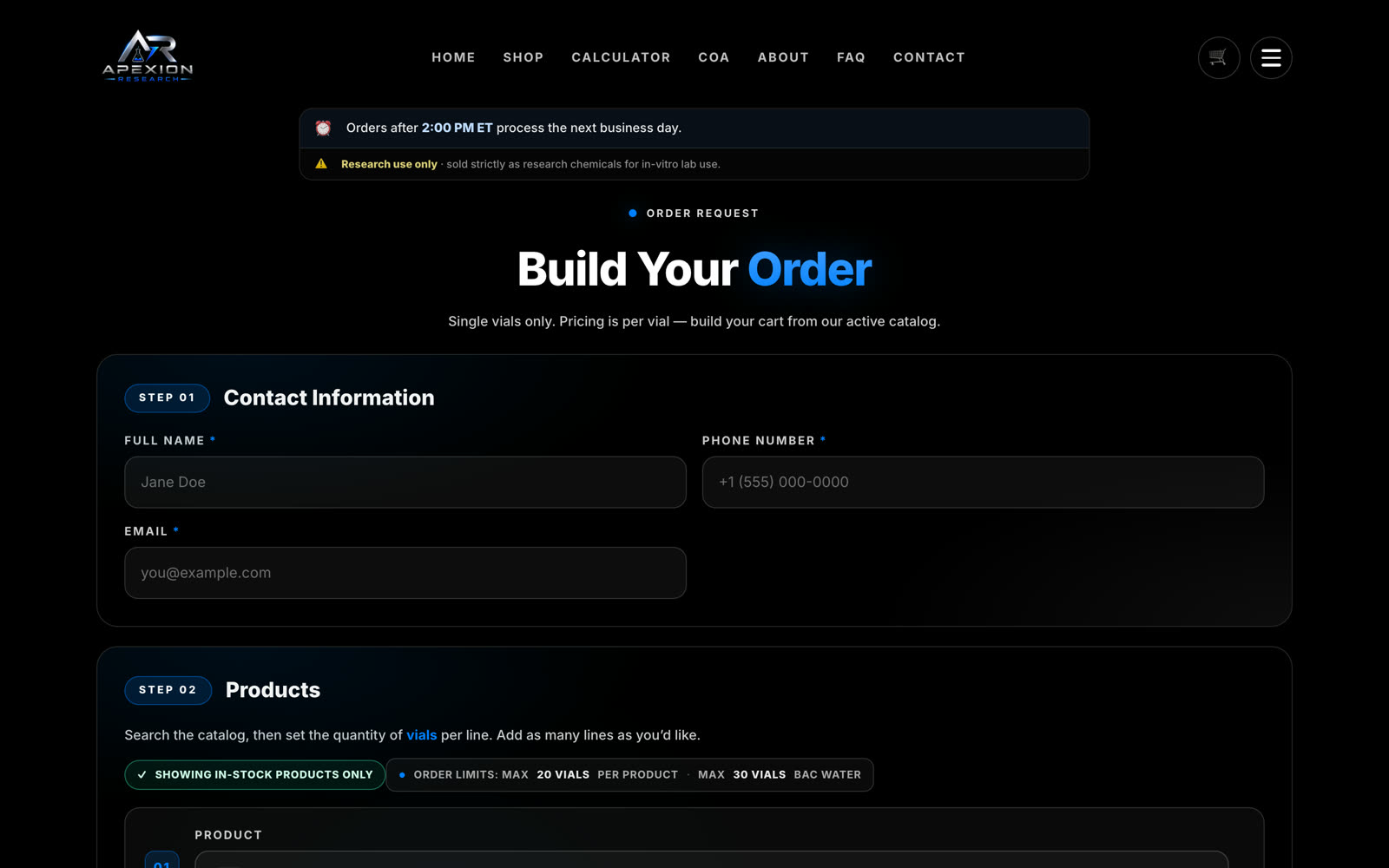 The order builder — pick products, set quantity, live line totals and shipping