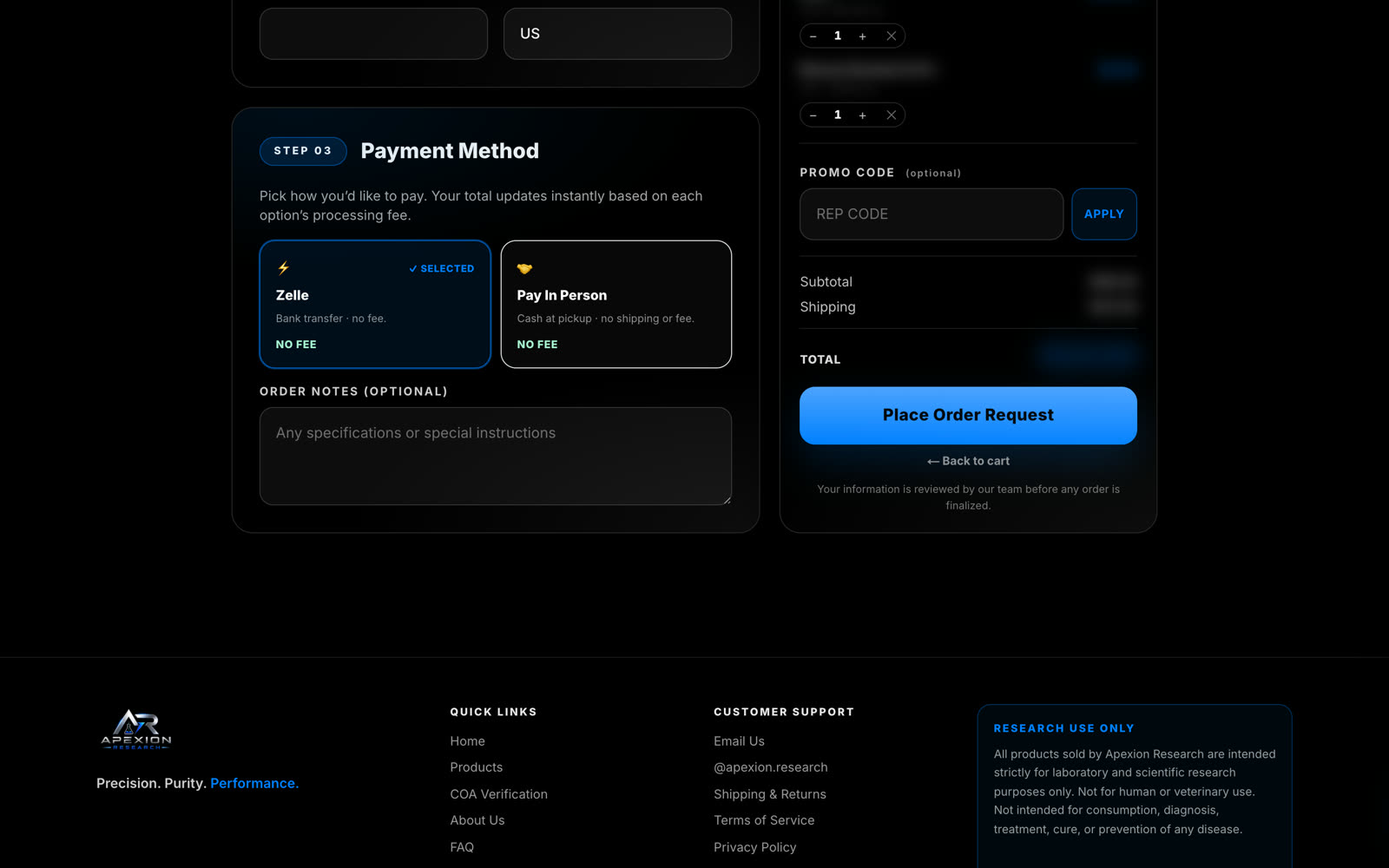 The checkout — contact, shipping, and payment-method selection with a live total