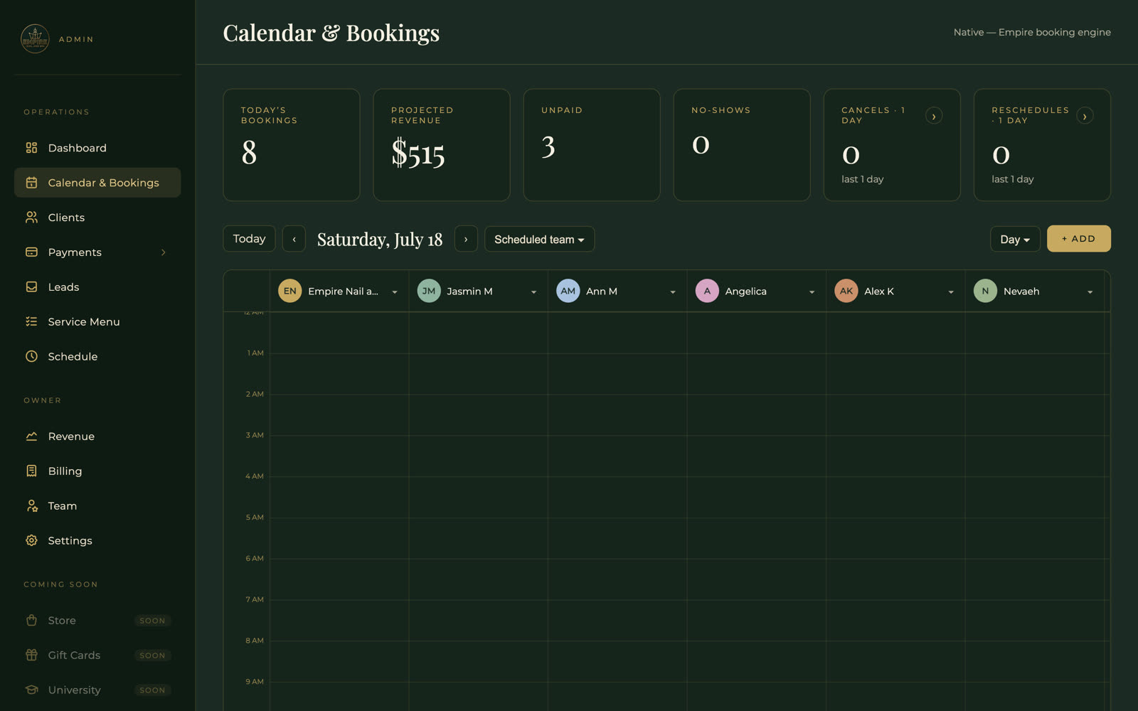 Empire Nail & Spa — Admin dashboard, built by ParaWav