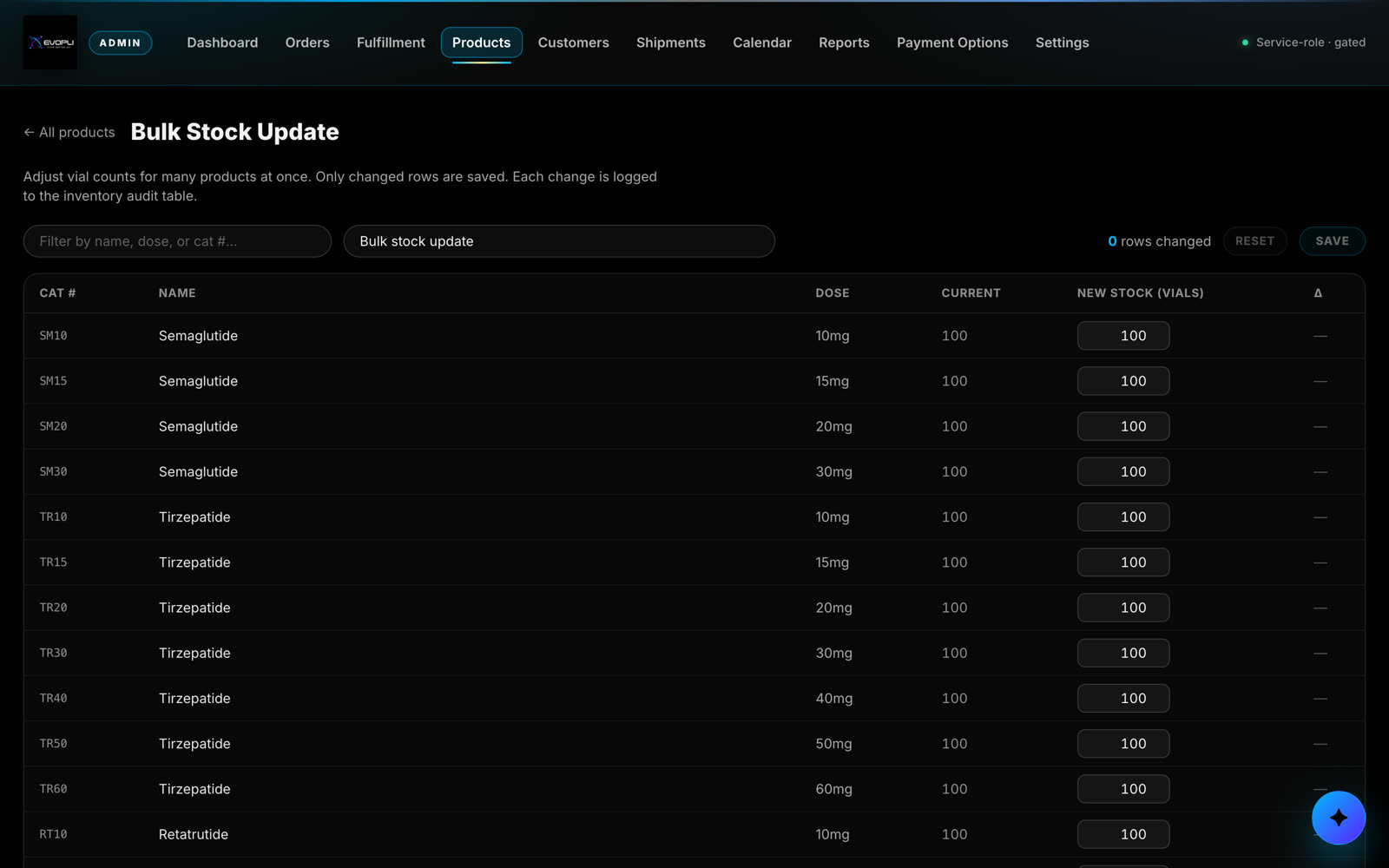 Bulk stock update — adjust many products at once, every change audited