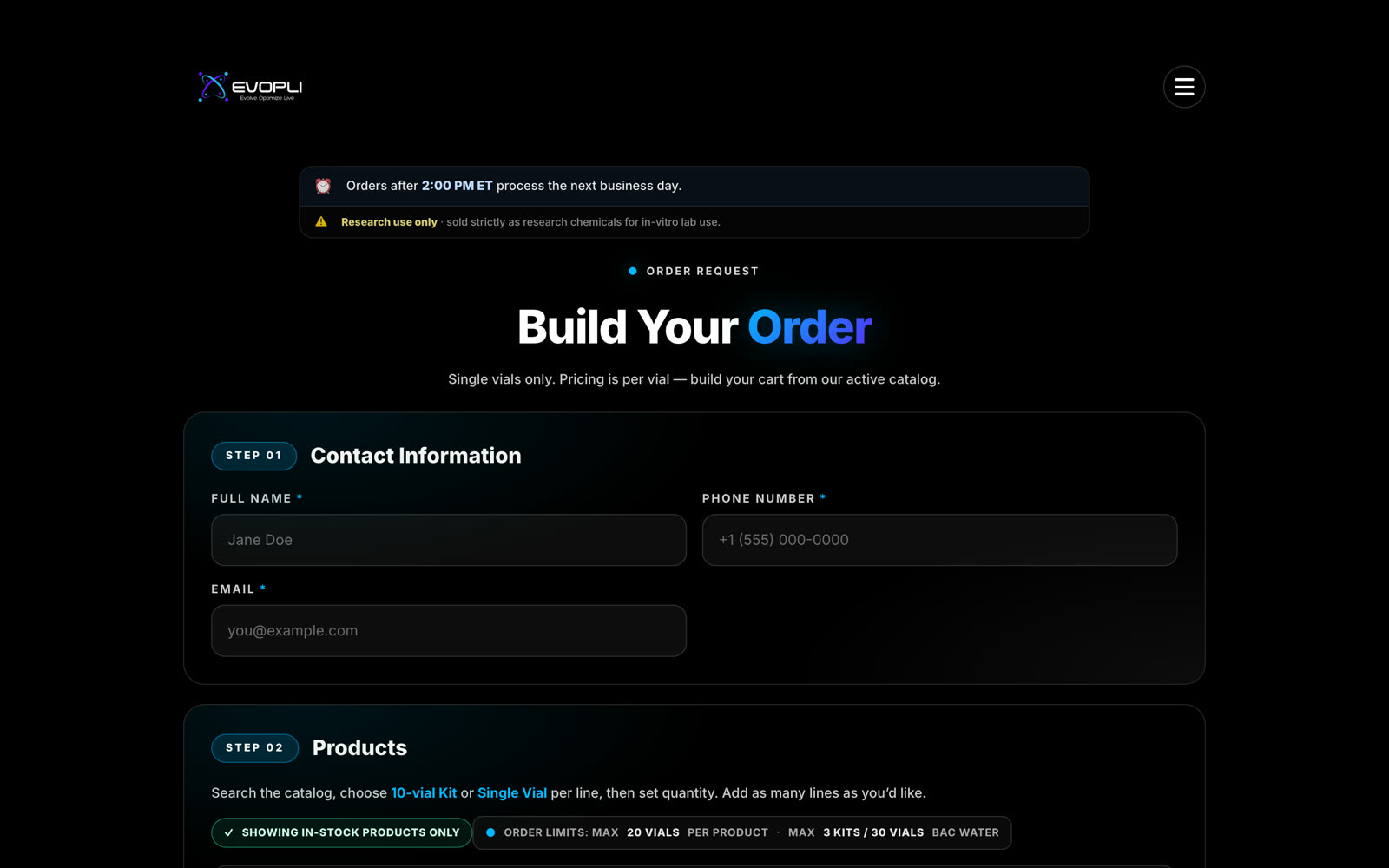 The order builder — contact, catalog, quantities, live totals