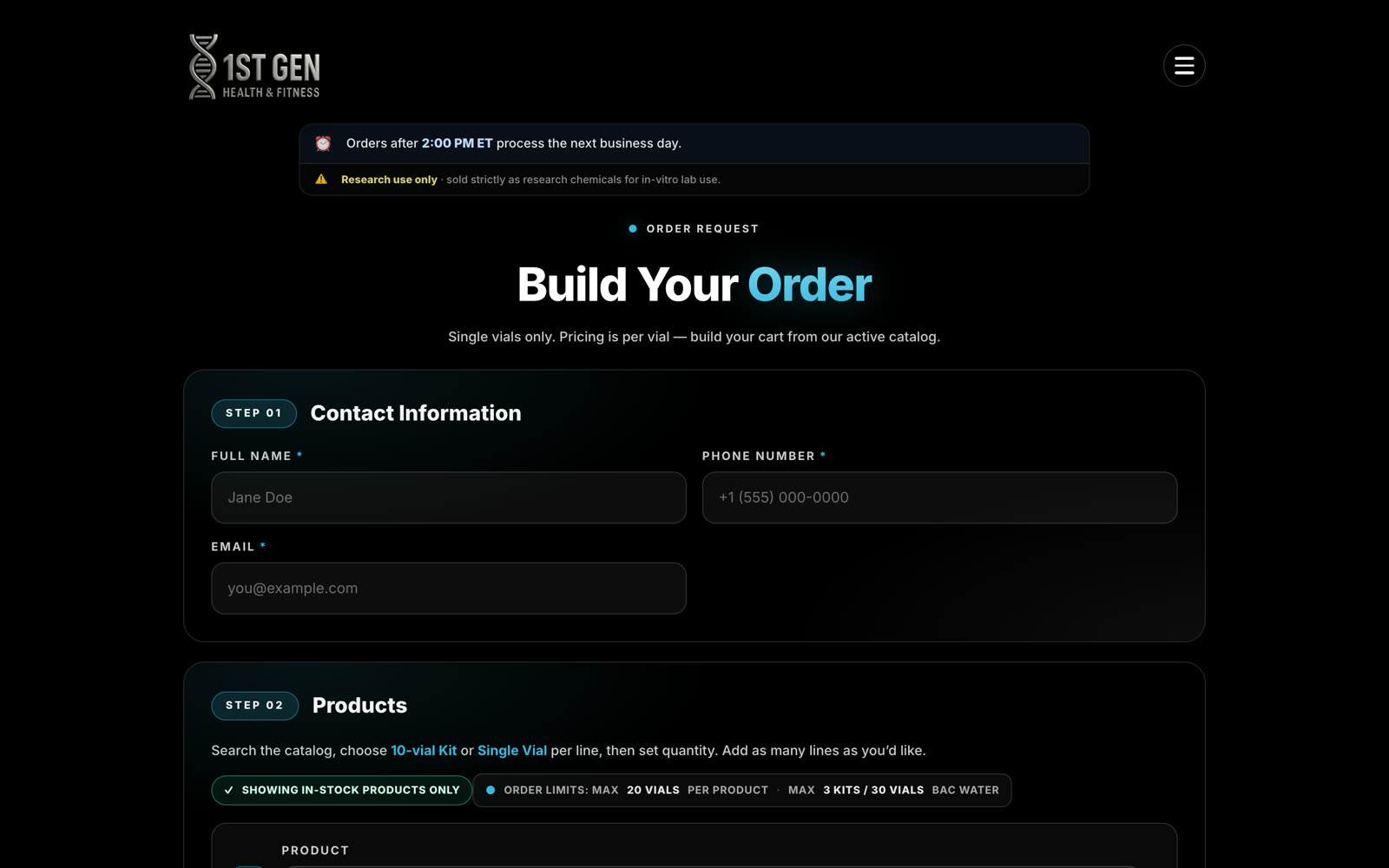 The order builder — contact, catalog, quantities, live totals