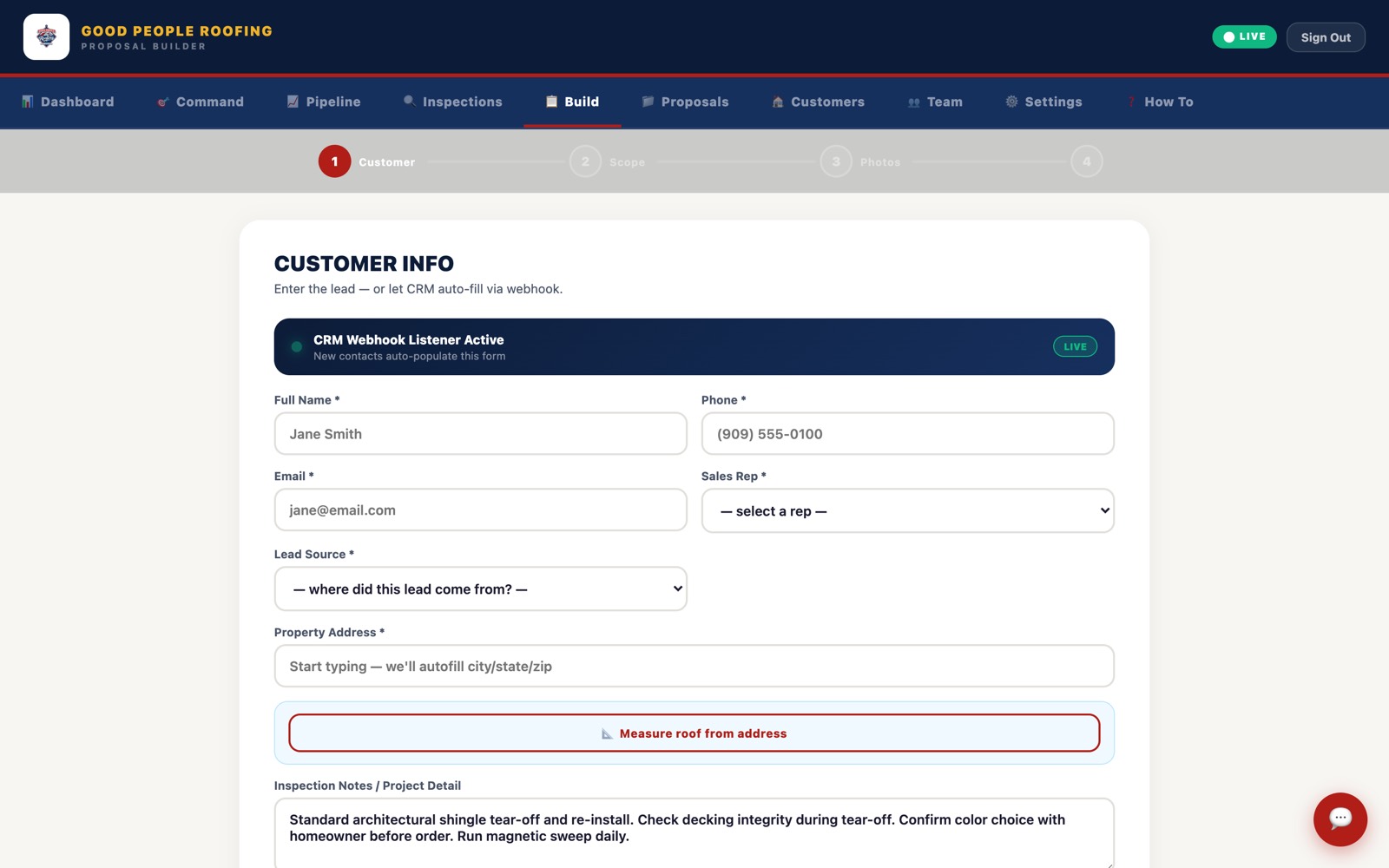 The build wizard — customer info auto-filled, roof measured from the address