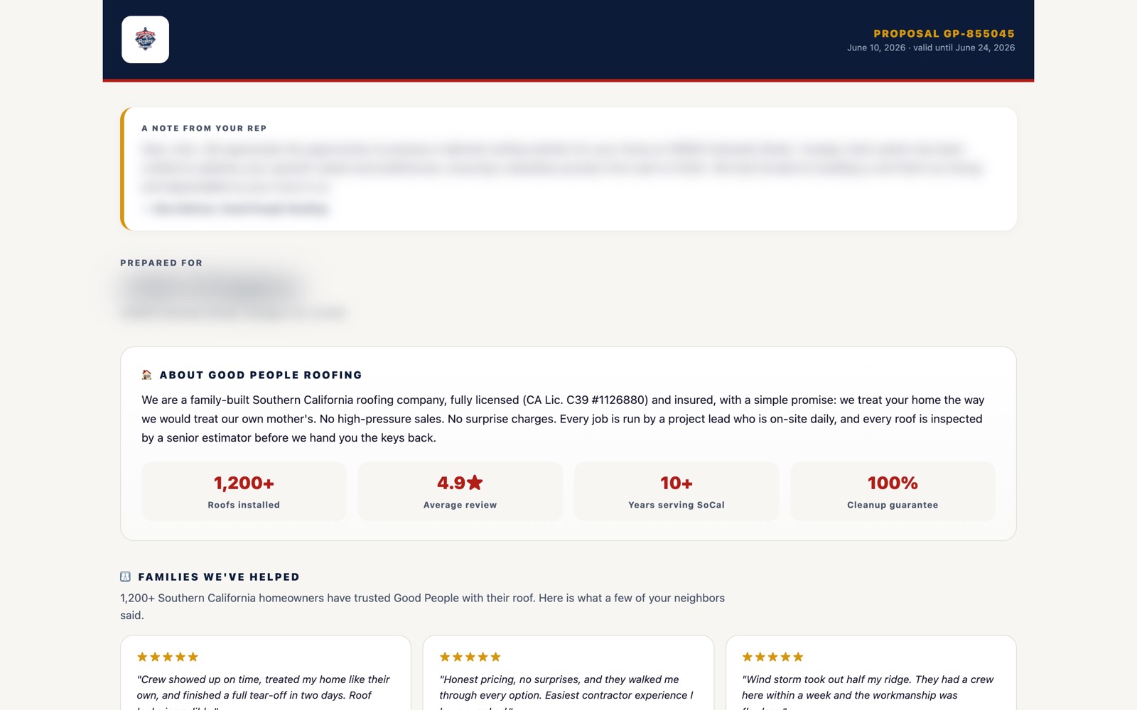 The customer-facing proposal page with a personal cover note