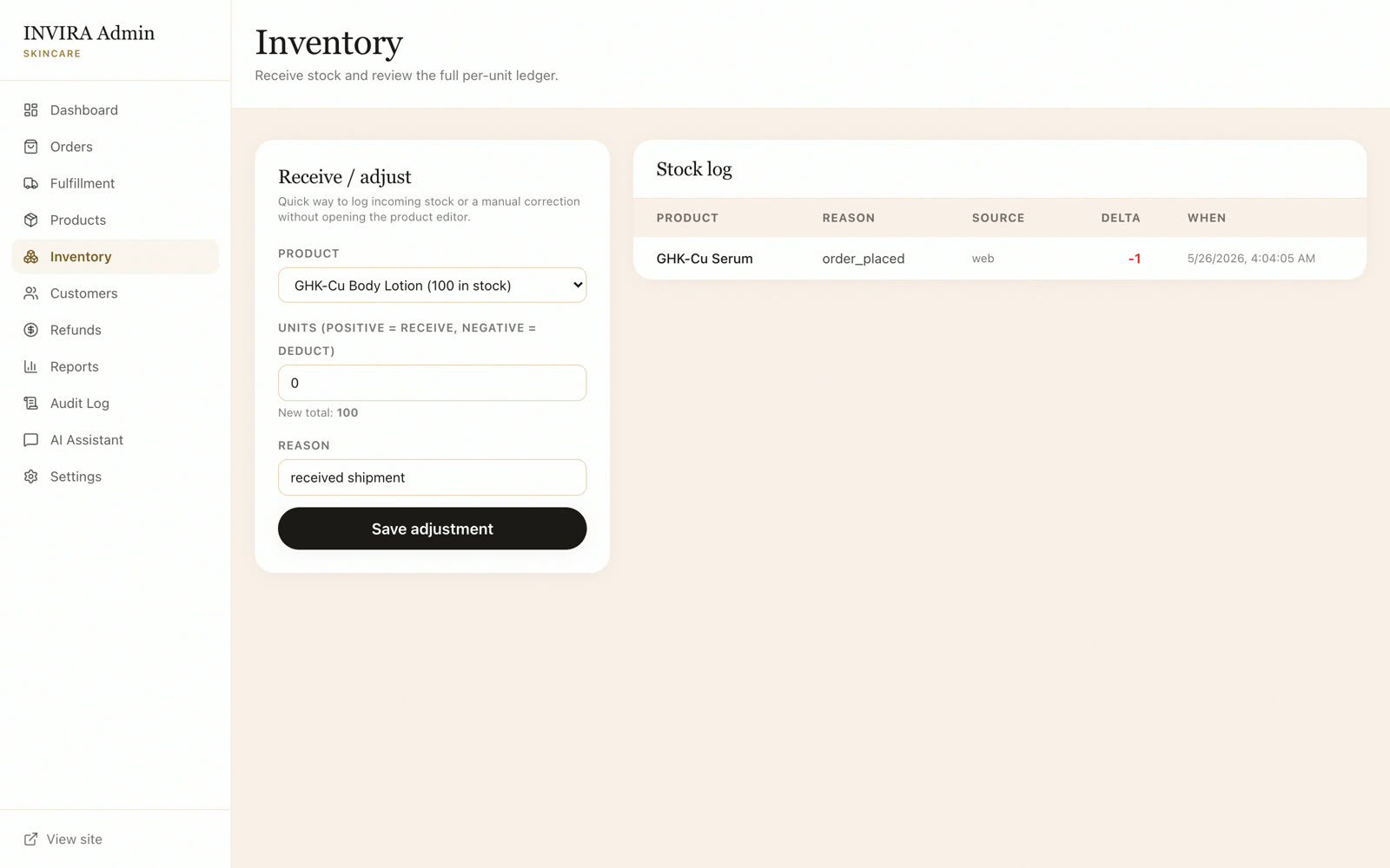 The inventory ledger — receive/adjust stock and the per-unit movement log