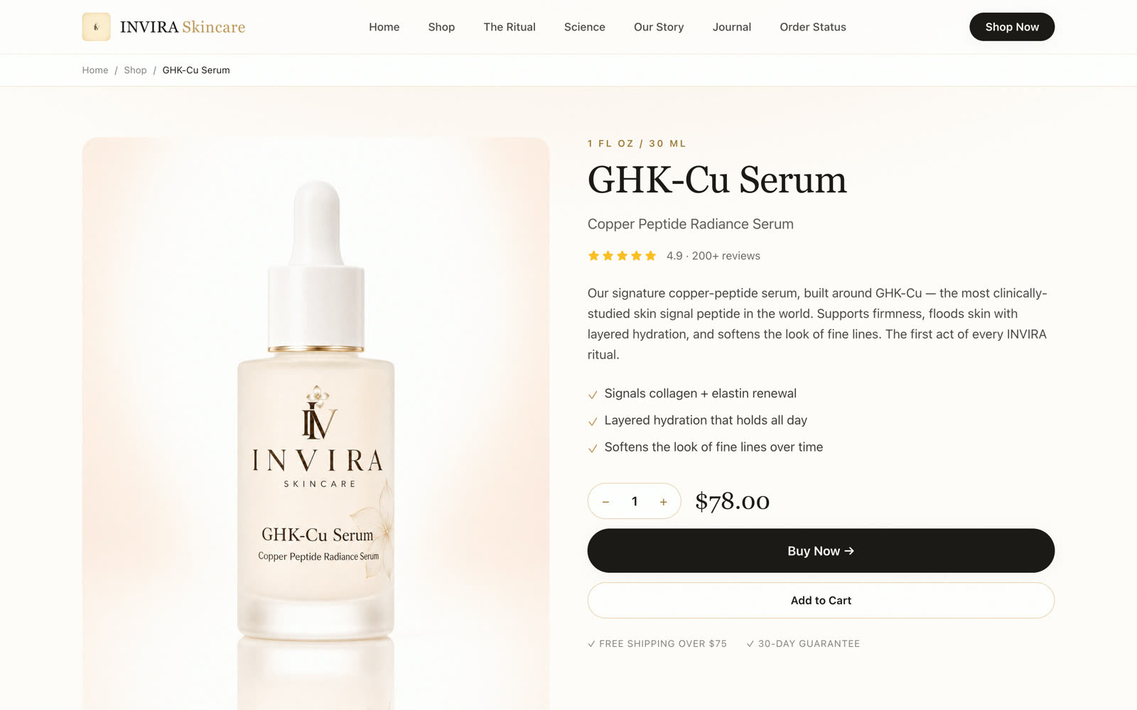 The GHK-Cu Serum product page — hero render, benefits, price, buy now