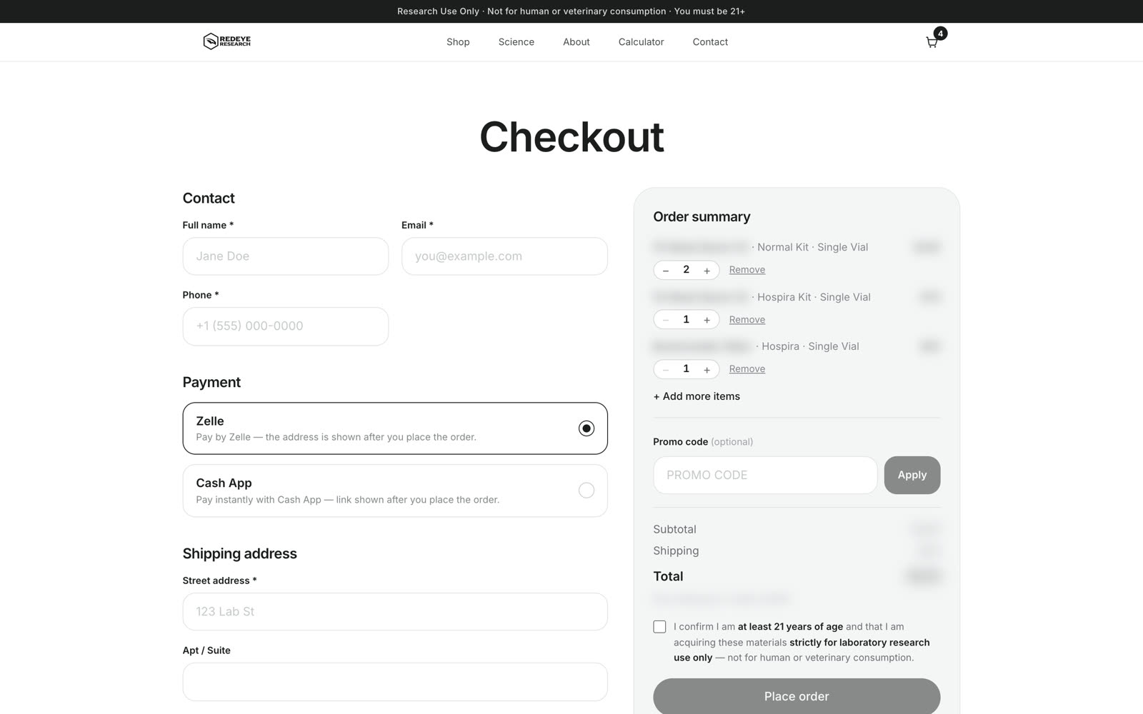 The checkout — contact, payment-method selection, and a live order summary