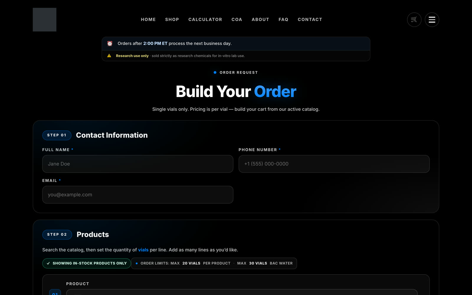 The order builder — contact, catalog, quantities, live totals